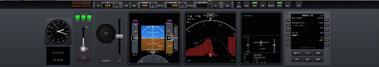 Close-up of the flight deck: the glareshield of buttons and windows across the top, then the clock with UTC and elapsed time, the gear command lever with NOSE, LEFT and RIGHT lights and an ENG button, the sidestick and THR lever, the primary flight display with speed and altitude tapes, the navigation display with red terrain, the crew alerts and flight control screen with REGION Sandbox and position 138/312/21, and the flight computer showing DIRECT TO with CRZ ALT 500FT and AP OFF.